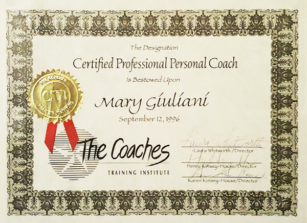 Mary Giuliani's Certified Professional Personal Coach Certification