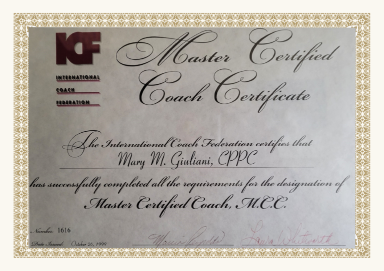 Mary Giuliani's Master Certified Coach Certificate